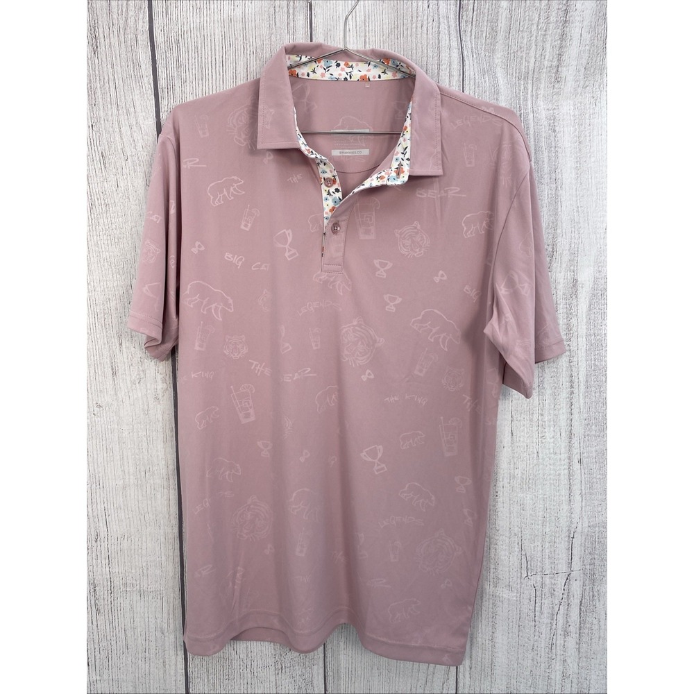 Swannies Golf Polo Shirt Mens MEDIUM Pink Dawn Crosby Big Cat Preppy Performance